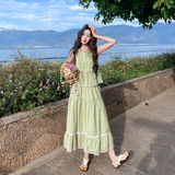 【新款】绿色两件套连衣裙女夏无袖花边木耳边503-P175-K288，女装连衣裙，浙宝005