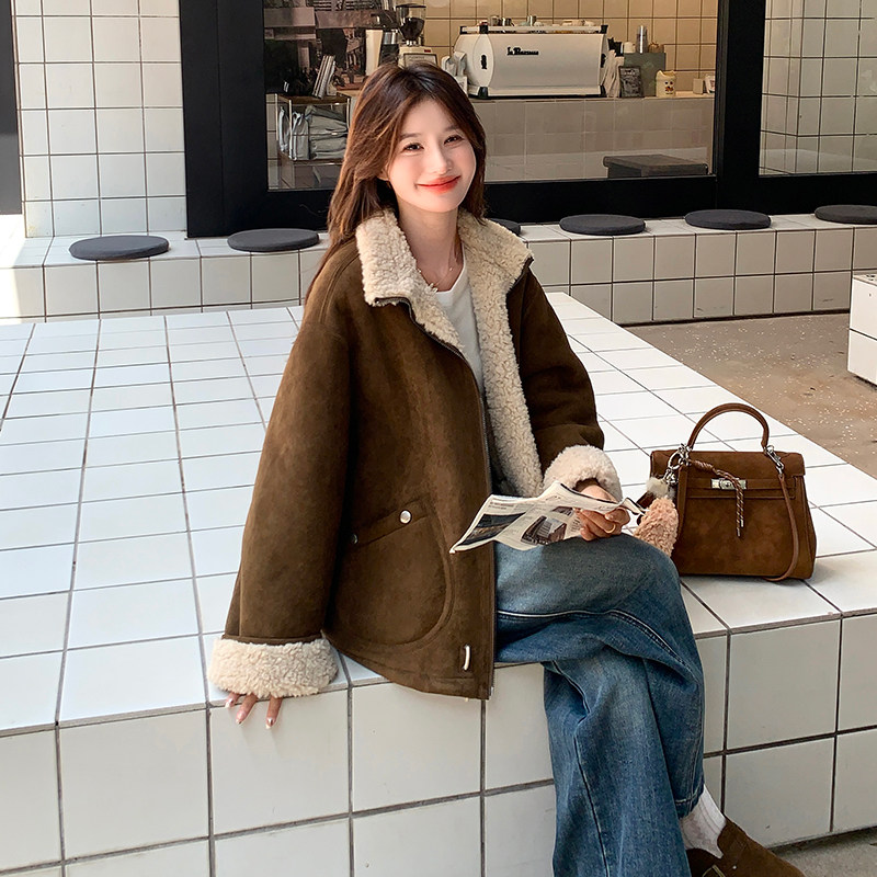 【现货】麂皮绒羊羔毛外套两面穿皮毛一体005-6061-P230-K338，女装棉衣/棉服，浙宝005