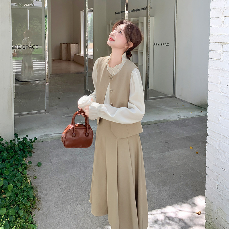 【大货出】秋季新款卡其色小香风马甲套装三件套6066-P185-K258,女装连衣裙,浙宝005