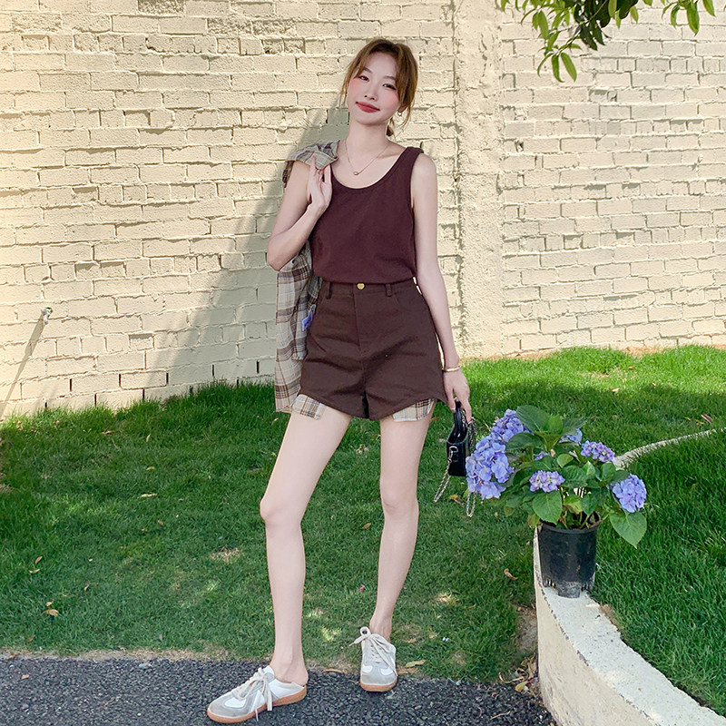 小个子时尚套装女夏季新款韩版复古格子衬衫内搭小背心裤裙三件套,女装套装/套裙,浙宝005