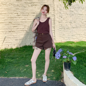 小个子时尚套装女夏季新款韩版复古格子衬衫内搭小背心裤裙三件套图片
