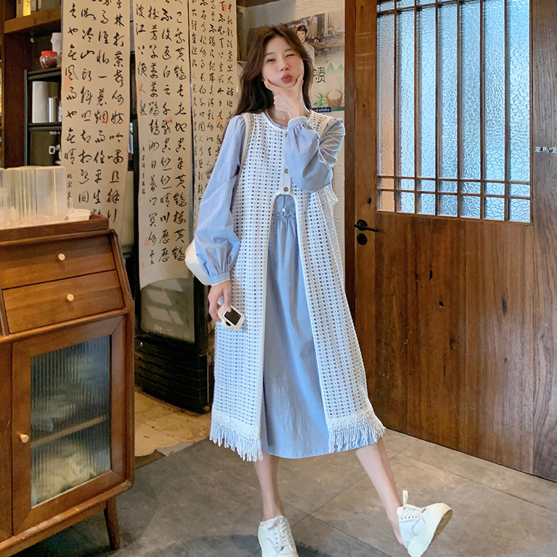 蓝色韩系连衣裙春秋女2025新款高级感叠穿蕾丝罩衫裙图片