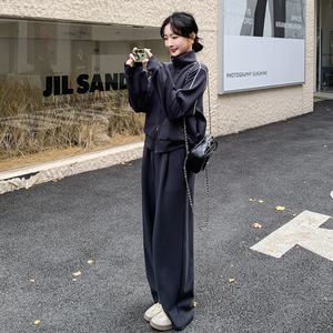 深灰色休闲卫衣女2025春季新款韩系学院风小个子阔腿裤图片