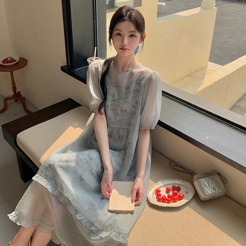 灰色法式连衣裙套装女2025夏季新款网纱长裙内搭碎花吊带裙两件套,女装连衣裙,浙宝005
