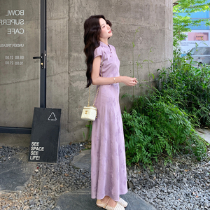 【新款】新中式紫色缎面提花旗袍连衣裙女  519-P145-K238图片