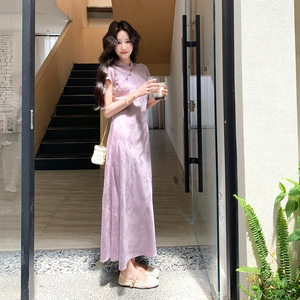 【新款】新中式紫色缎面提花旗袍连衣裙女  519-P145-K238图片
