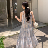 蓝色晕染无袖挂脖连衣裙女2025夏季新款法式绝美海边度假仙女长裙，女装连衣裙，浙宝005