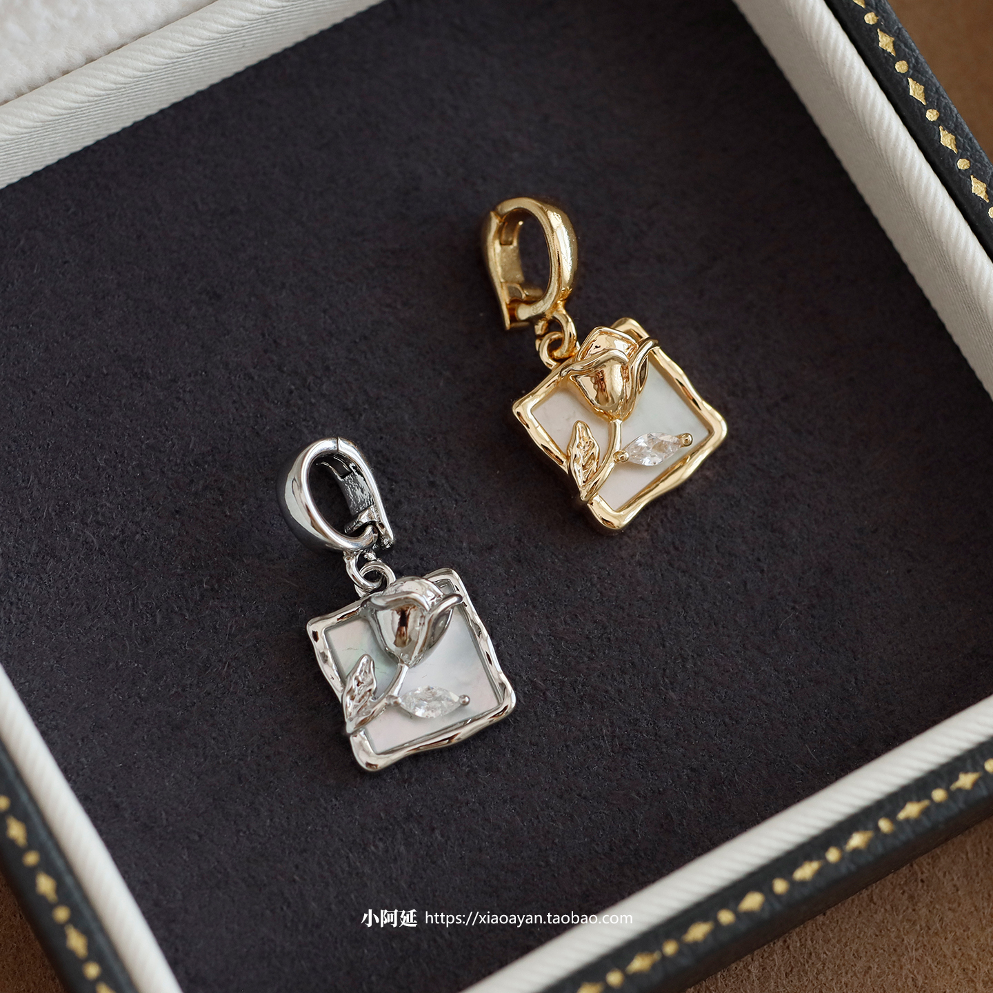 新款方形相框玫瑰花项链坠可拆卸