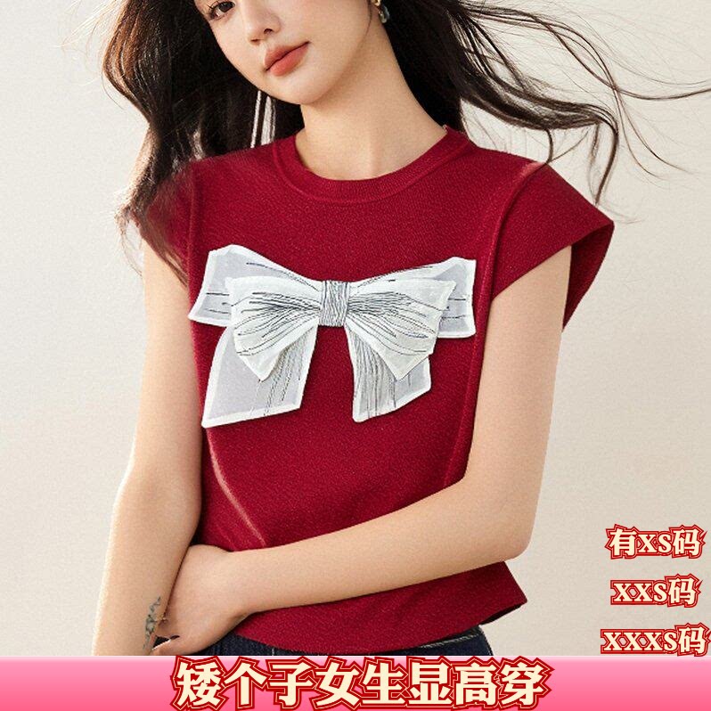 155小个子显高夏装150cm女装加小码XXS雪纺蝴蝶结针织背心减龄女