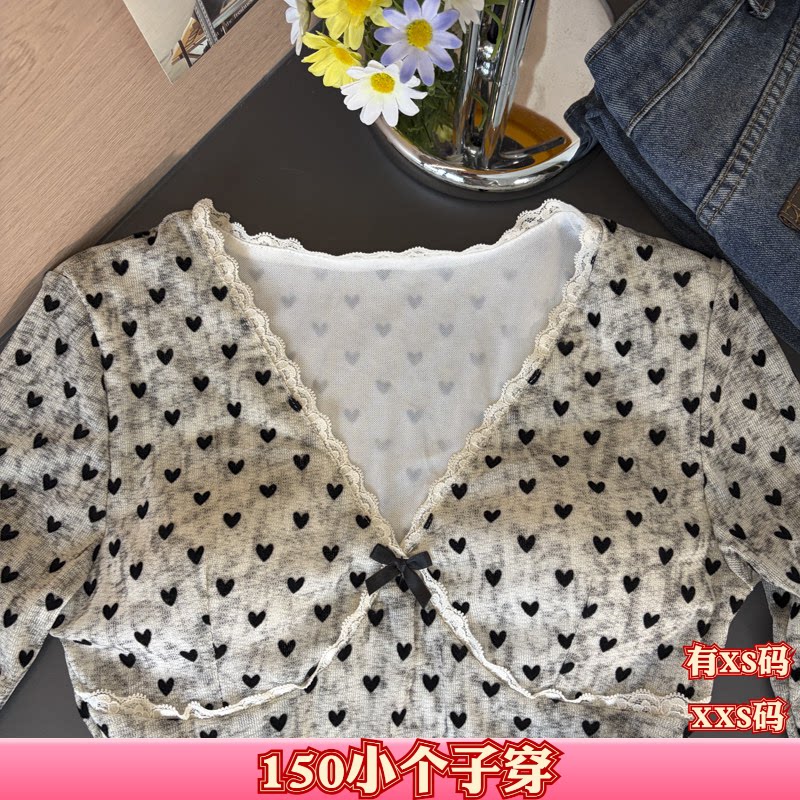 加小码XXS小个子秋装女装150cm显高纯欲蕾丝花边T恤女带胸垫打底