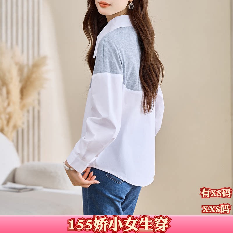 秋季女装矮个子显高150cm加小码XXS翻领撞色雪纺衫开衫衬衫衬衣