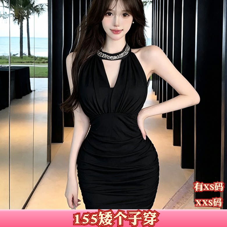 秋装加小码女装150cm显高XXS矮个子纯欲挂脖露肩收腰包臀连衣裙女