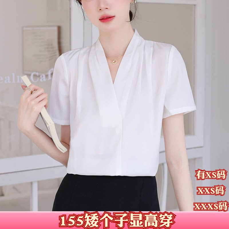 夏装150cm显高女装矮个子XXS加小码雪纺短袖衬衫职业正装V领衬衣
