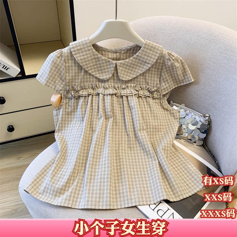 夏季矮个子150女装XXXS加小码155cm显高日系格子娃娃领短袖衬衫女