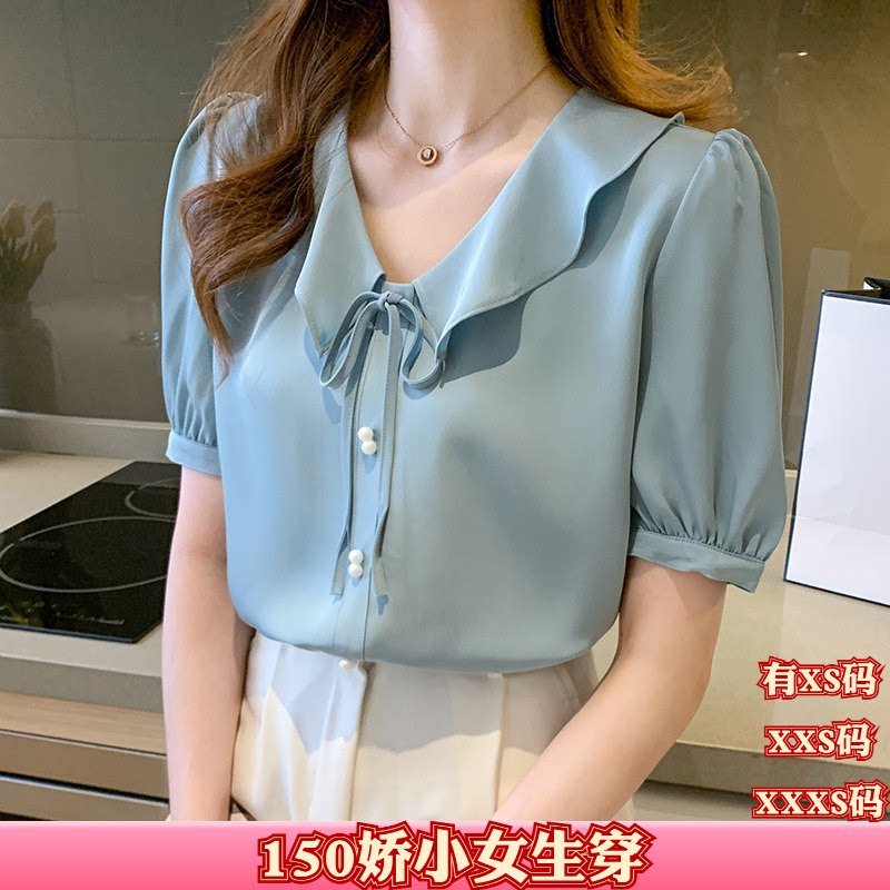女装夏装150cm显高矮个子XXS加小码泡泡袖甜美系带V领衬衫雪纺衫