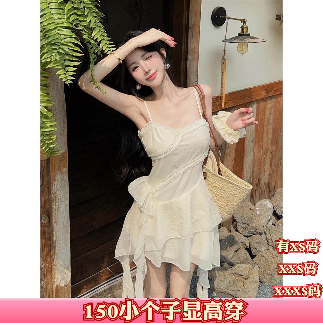 夏季女装小矮个子150cm显高加小码XXS雪纺蕾丝飘带荷叶边吊带裙