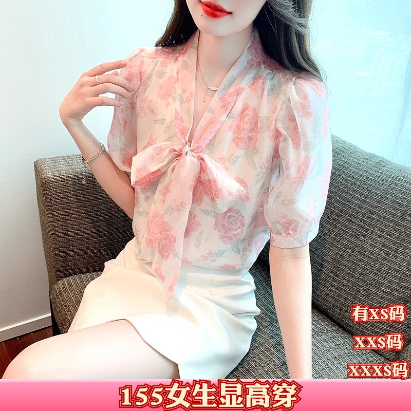 加小码女装夏装150cm小个子XXS显高蝴蝶结系带印花女衬衣雪纺衫