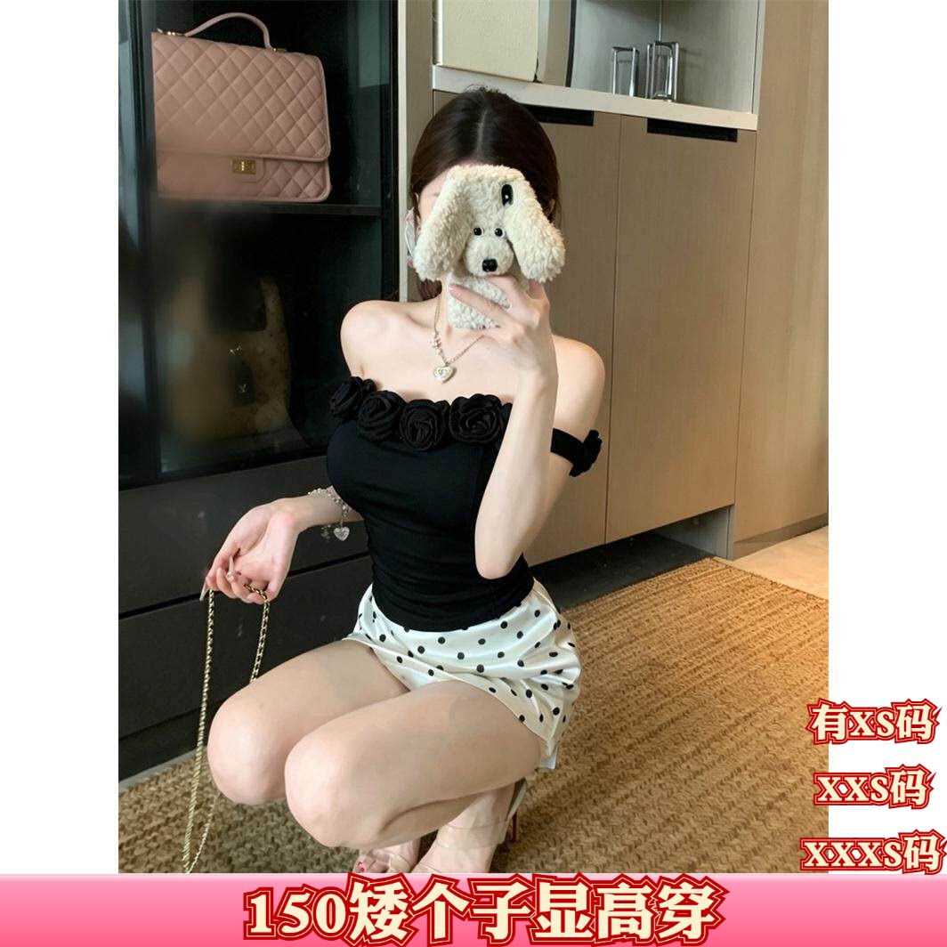 150cm显高夏季女装加小码XXS小个子立体花朵抹胸一字肩吊带背心