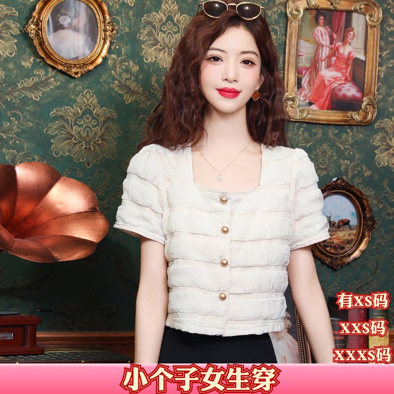 加小码XXS女装夏季小个子150cm显高方领雪纺衫短袖别致小衫短款