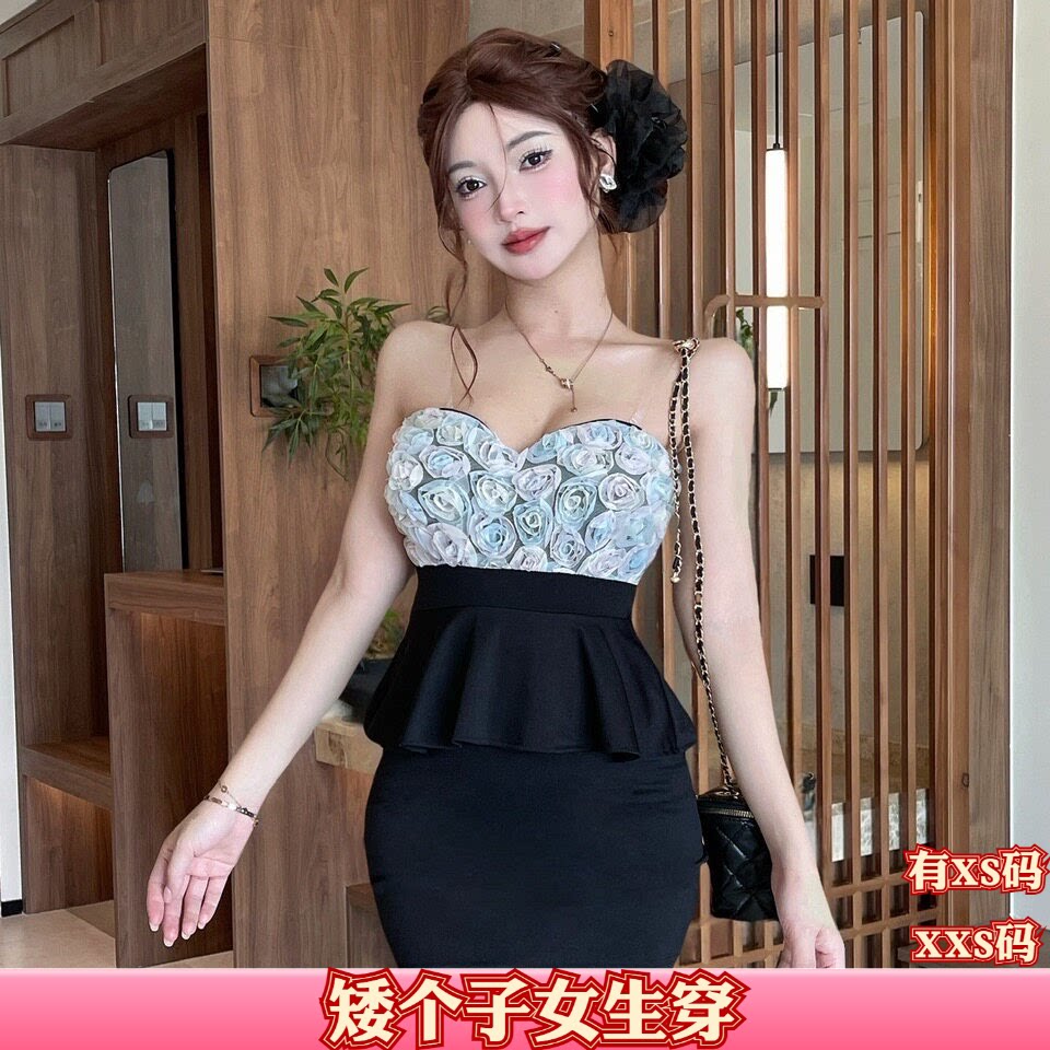 加小码XXS矮个子女装夏装150cm显高抹胸连衣裙高腰包臀裙礼服裙