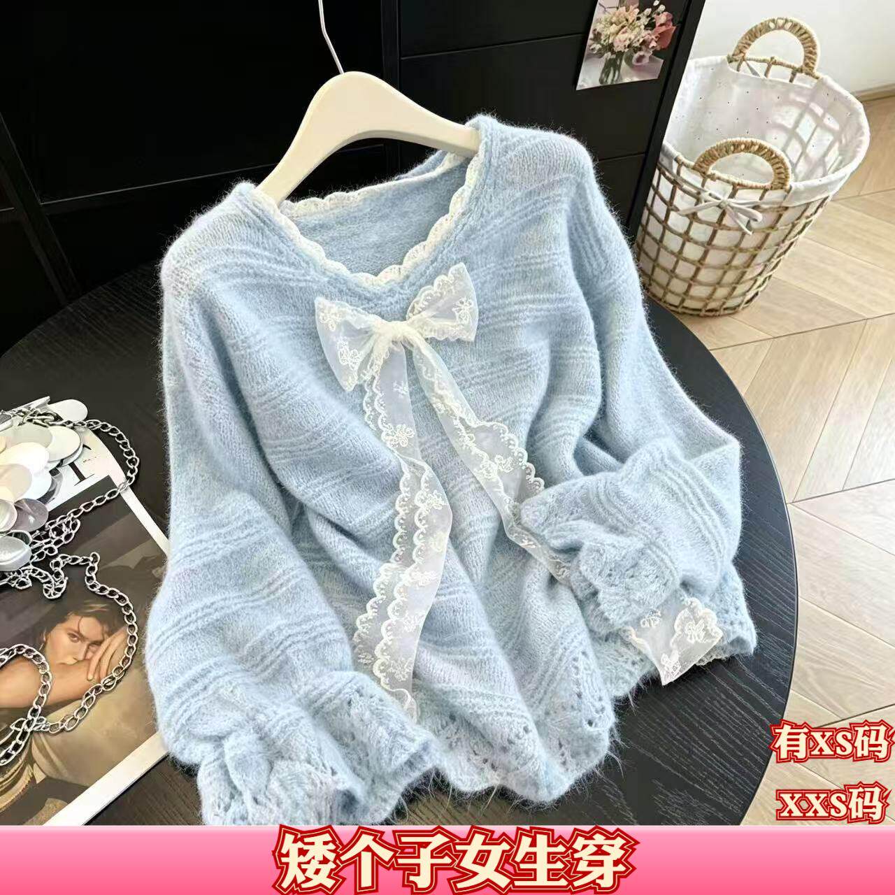 女装秋装矮个子150cm显高加小码XXS蕾丝拼接蝴蝶结系带毛衣针织衫