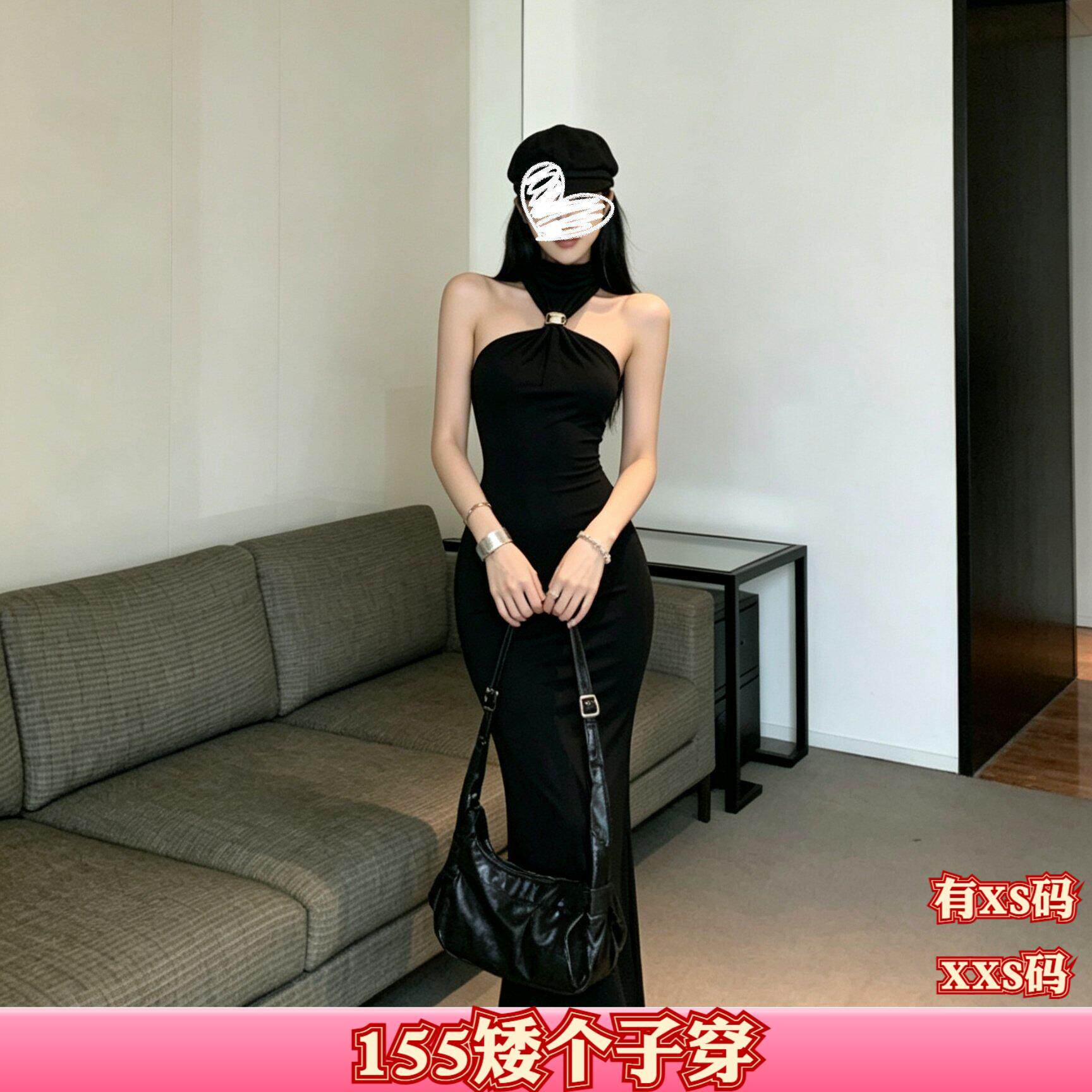 150cm显高女装加小码XXS秋装矮个子纯色礼服无袖开叉连衣裙辣妹裙