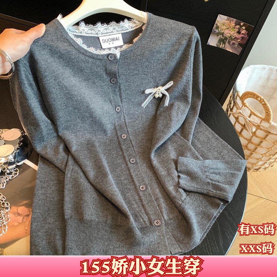 女装秋装小个子加小码XXS新款150cm针织开衫蕾丝上衣假两件蝴蝶结