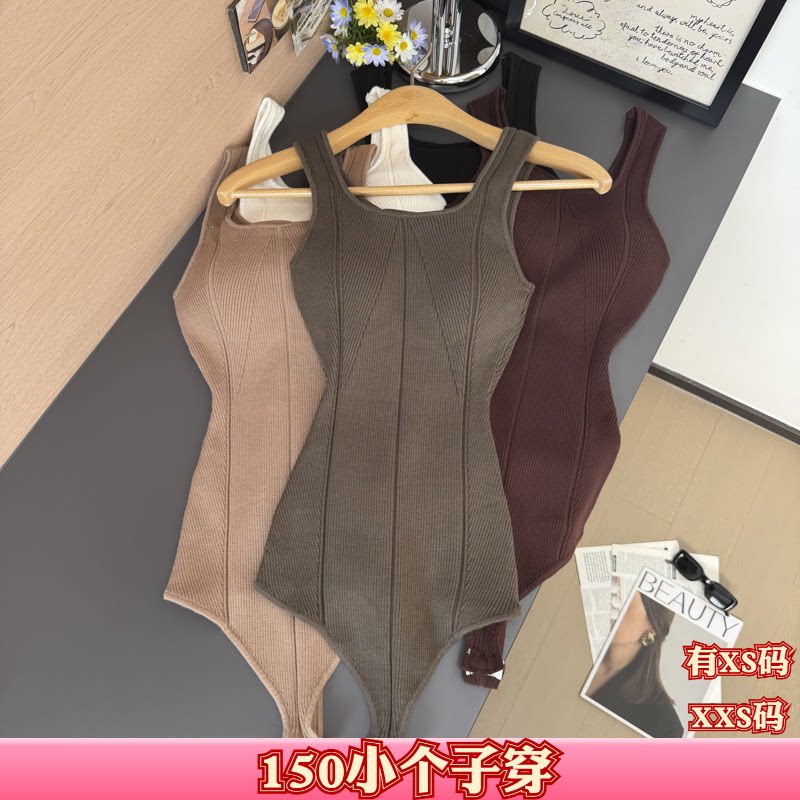 秋装加小码XXS女装矮个子150cm显高针织背心带胸垫拼接连体打底衫