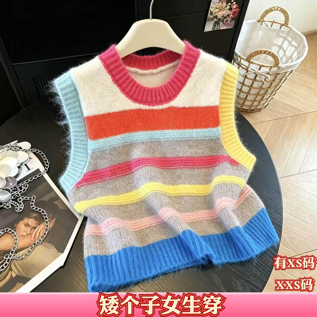 女装秋装小个子150cm显高加小码XXS条纹无袖马甲针织背心坎肩上衣