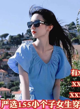 春季155cm小矮个子XXXS显高女装泡泡袖V领连衣裙女多巴胺收腰长裙