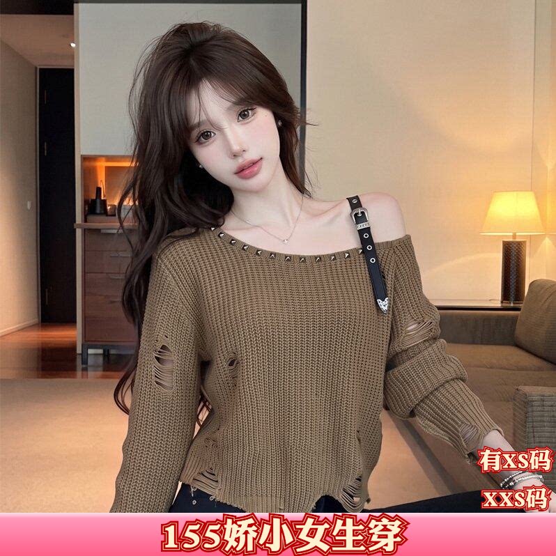 女装秋装小个子加小码XXS150cm显高慵懒破洞针织衫不规则露肩长袖
