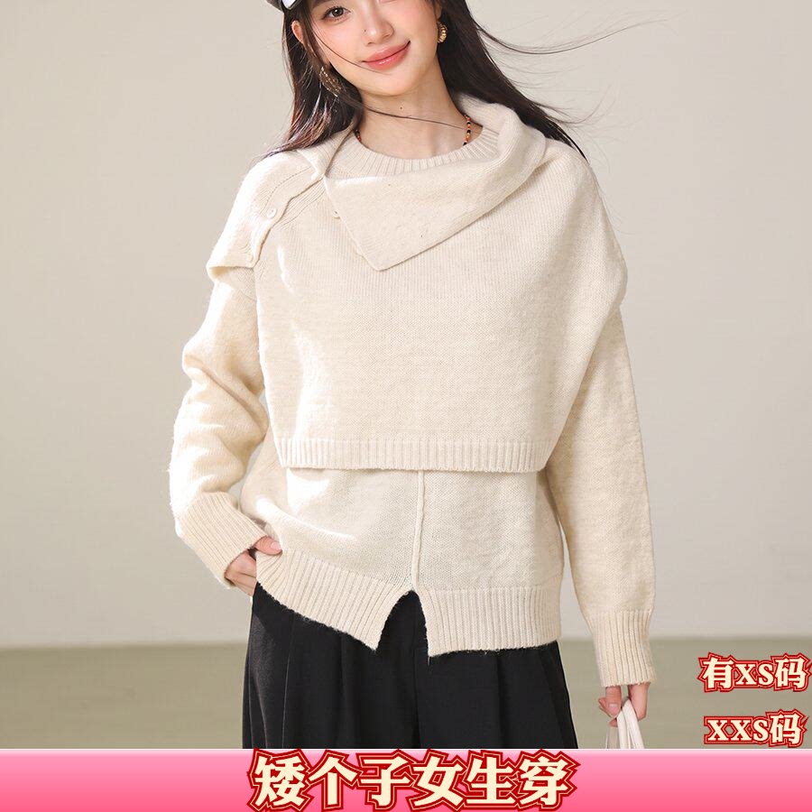 女装秋装矮个子150cm显高加小码XXS套头披肩纽扣长袖针织毛衣上衣