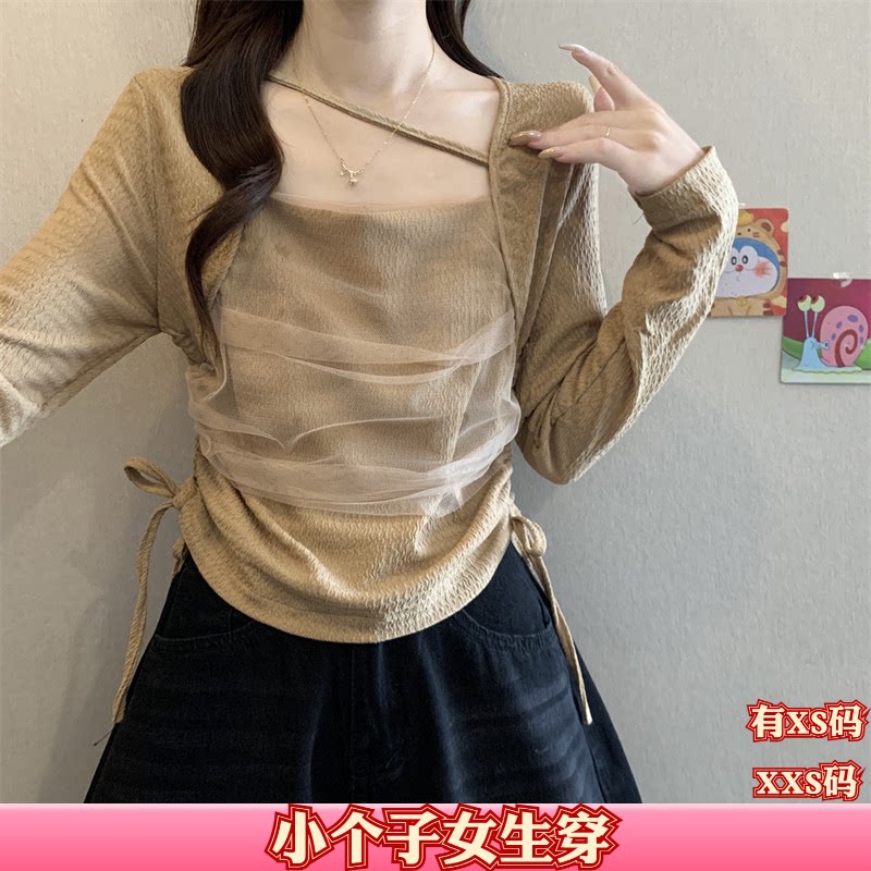 秋装女装矮个子150cmXXS加小码新款网纱拼接长袖假两件衬衣打底衫