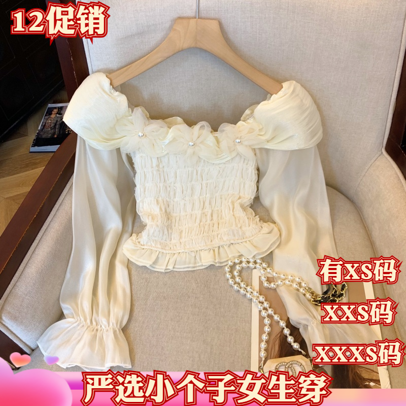 冬季女装矮个子娇小XXXS小个子显高一字肩衬衫女喇叭衬衣裙摆缎面