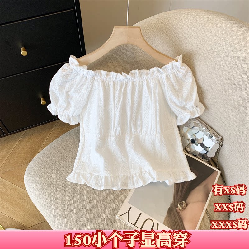 夏装矮个子女装150cm显高155XXXS加小码花边雪纺衬衫女短款一字领