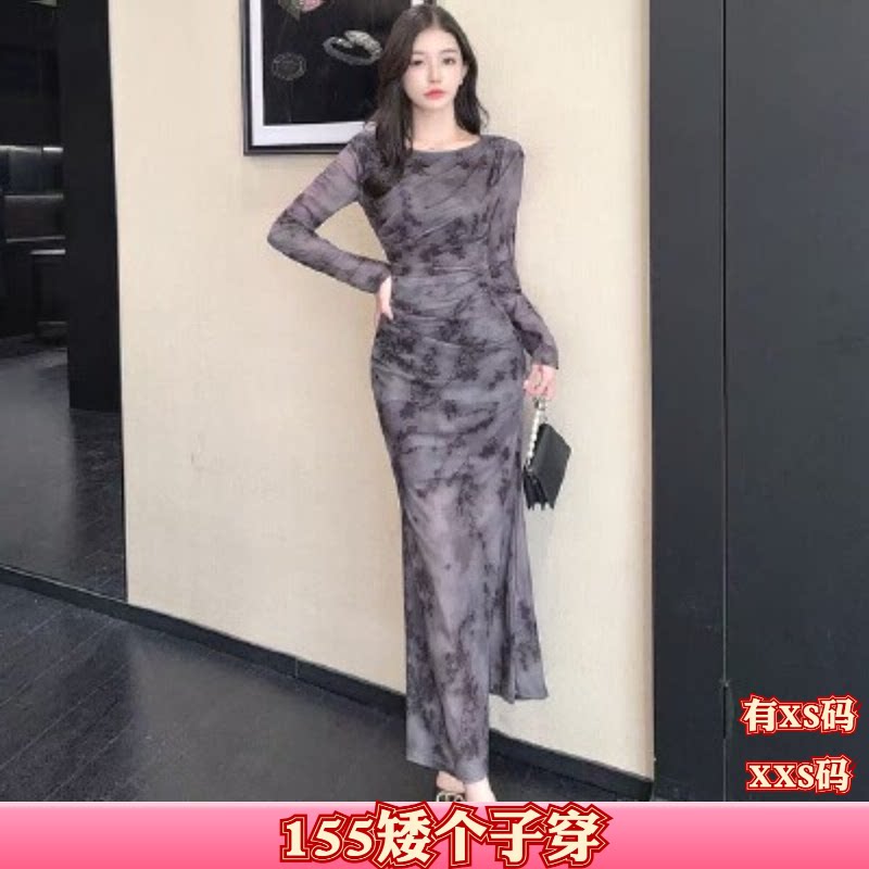 秋装150cm显高加小码女装矮个子XXS号网纱包臀印花打底长袖连衣裙