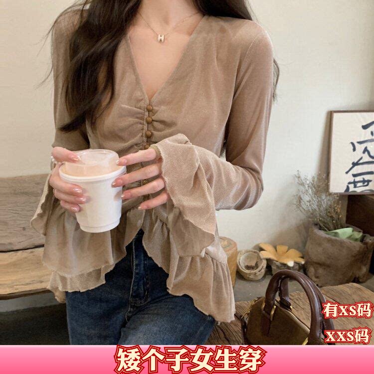 加小码XXS秋装女装小个子150cm显高V领套头褶皱衬衫不规则打底衫