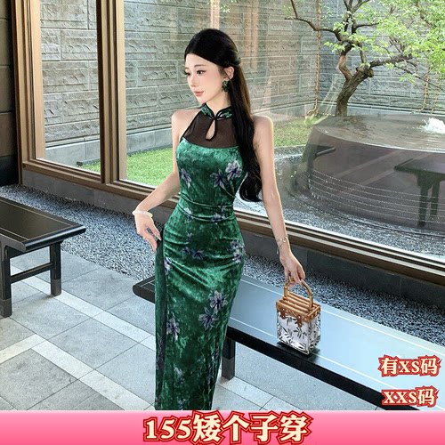 女装秋装加小码XXS小个子150cm新款旗袍包臀高开拼蕾丝连衣裙时尚