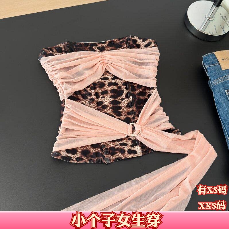 秋装女装矮个子150cmXXS加小码显高辣妹印花网纱飘带抹胸打底衫女