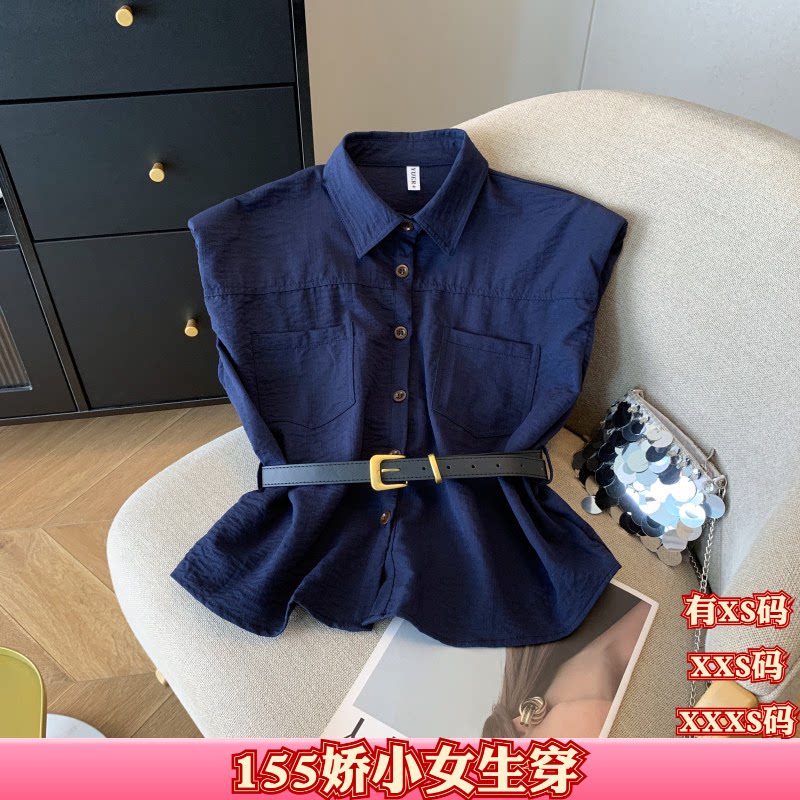 夏装加小码女装150cm显高XXS矮个子送腰带单排扣无袖衬衫打底衫