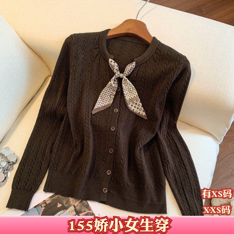 秋季155cm矮个子搭配XXS150女装针织开衫女蝴蝶结装饰领毛衣外套