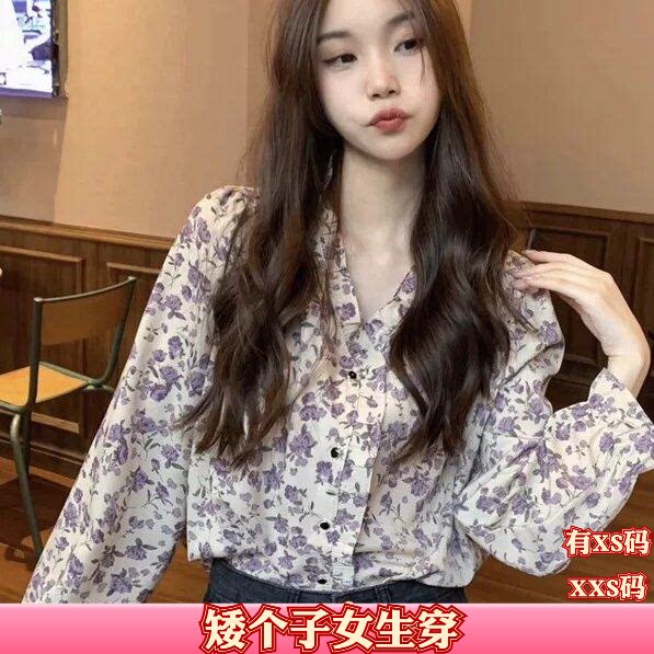 秋装加小码XXS女装小个子150cm显高V领碎花衬衫雪纺衫长袖打底衫