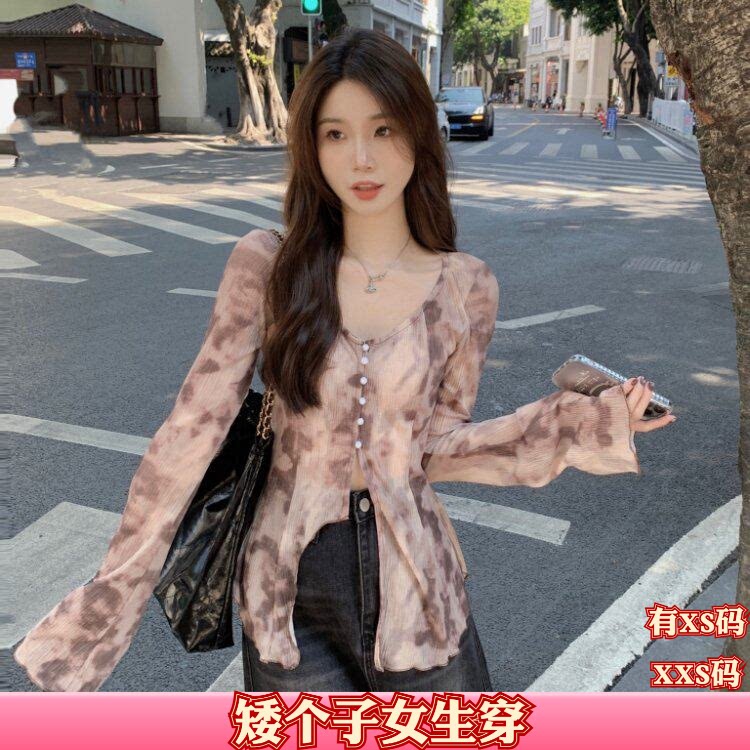 加小码XXS秋装女装小个子150cm显高v领长袖单排扣荷叶边雪纺衬衫