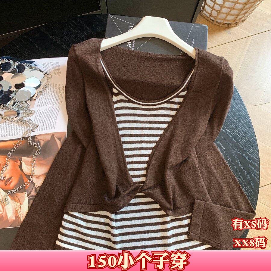 女装秋装150cm显高小个子加小码XXS假两件披肩拼接条纹吊带针织女