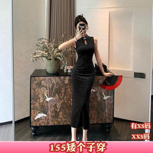秋装加小码女装150cm新款XXS矮个子旗袍丝绒无袖开叉时尚裙连衣裙