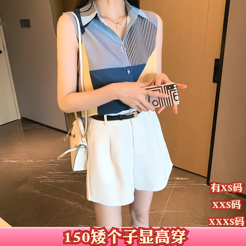 夏季女装加小码XXS小个子150cm显高坎肩背心衬衫无袖雪纺打底衫