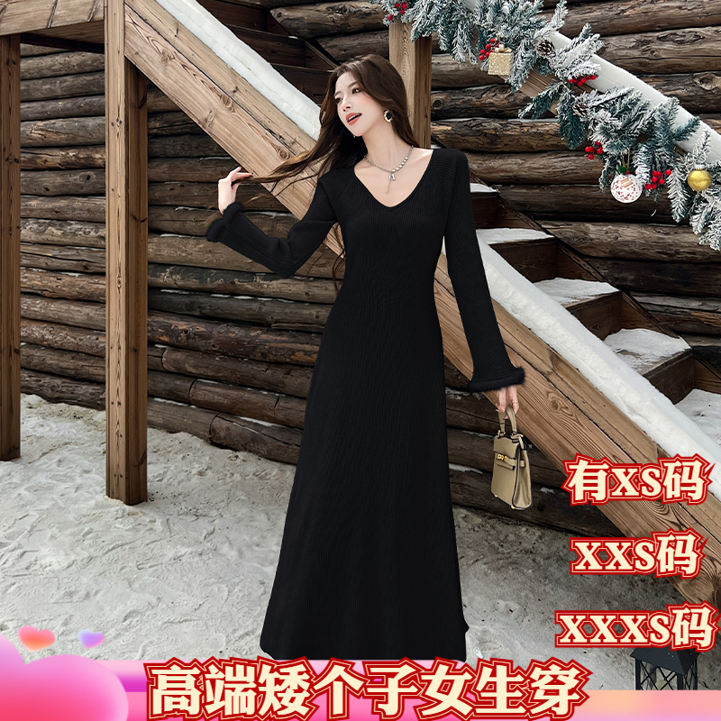 冬装女装小个子150cm加小码XXXS显高针织连衣裙长袖V领毛衣裙温柔