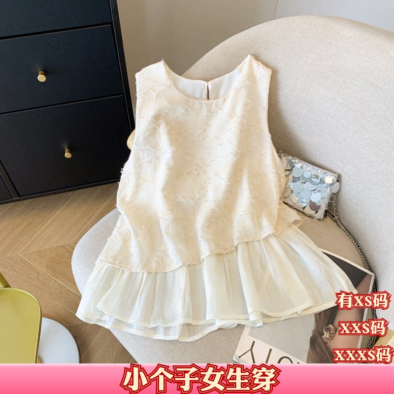 女装夏装加小码150cm显高XXS小个子假两件拼接镂空坎肩背心衬衫