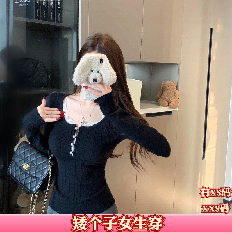 女装秋装矮个子150cm显高加小码XXS假两件长袖镂空蕾丝拼接针织衫