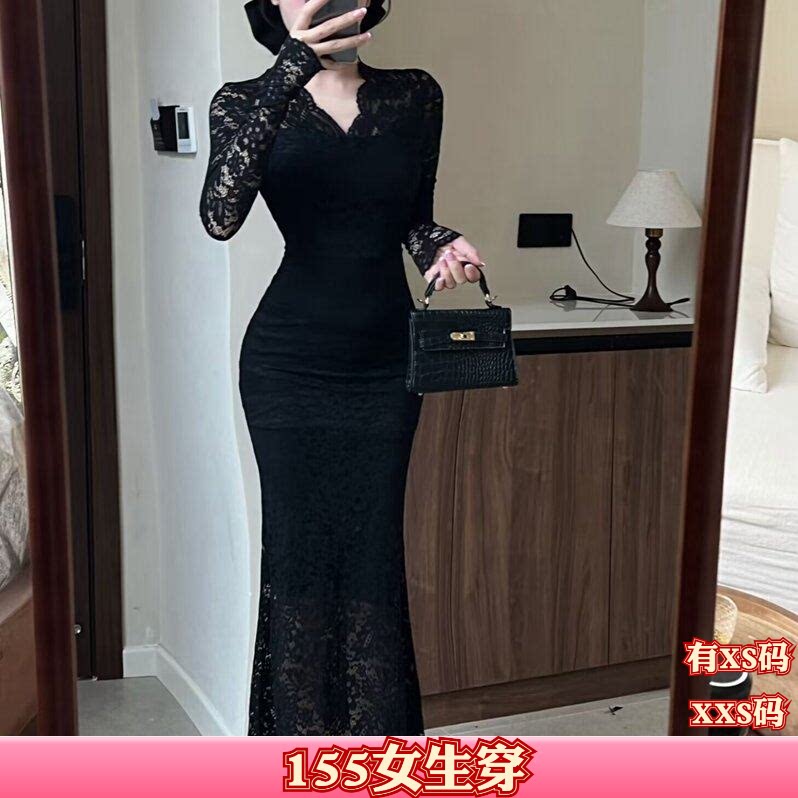 女装秋装150cm显高矮个子加小码XXS纯欲蕾丝收腰包臀打底裙连衣裙
